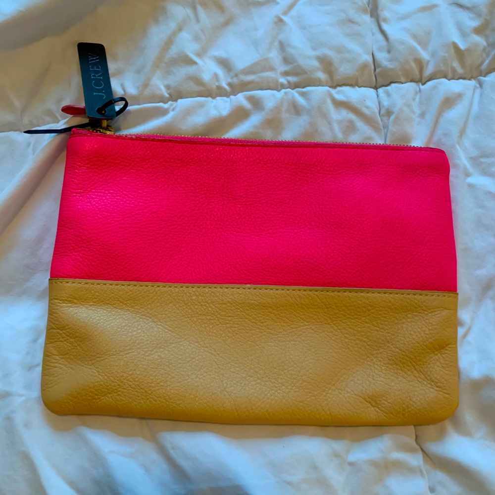J. Crew Colorblock Neon Pink & Tan Leather Clutch